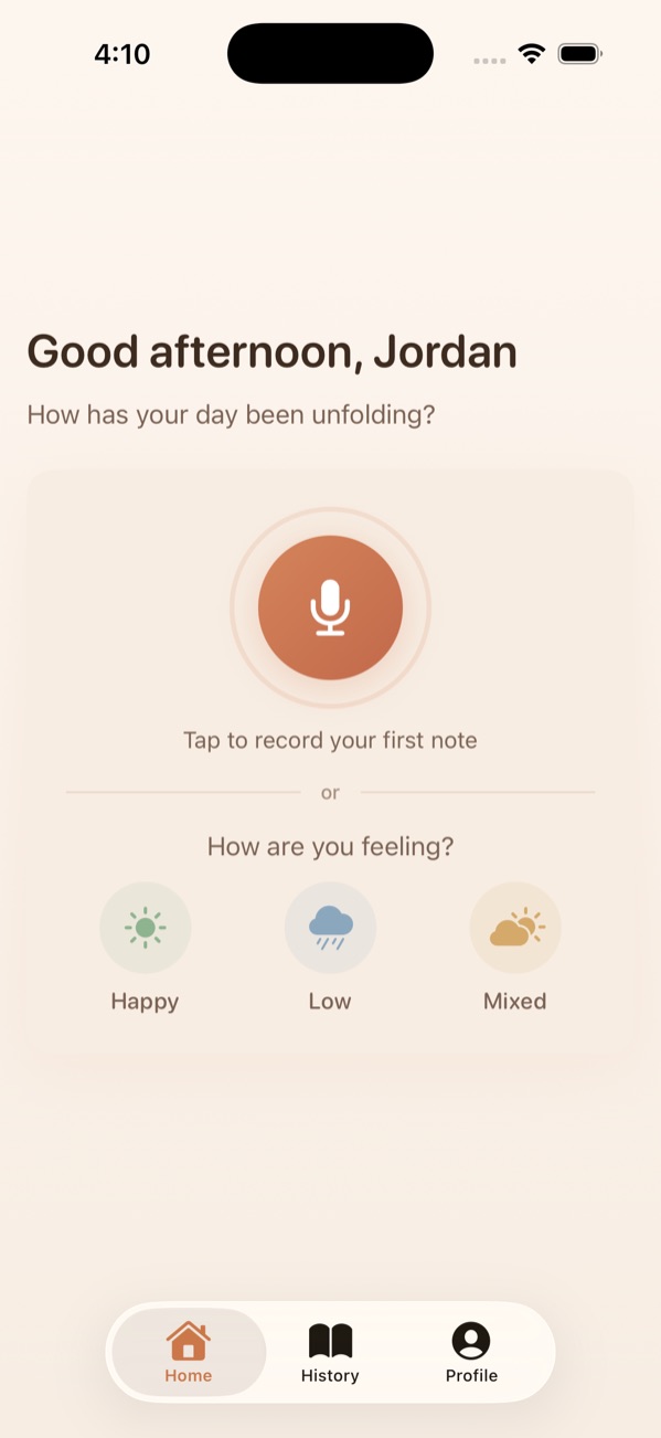 Ava's home screen: a large record button, and Happy, Low and Mixed mood buttons below it.