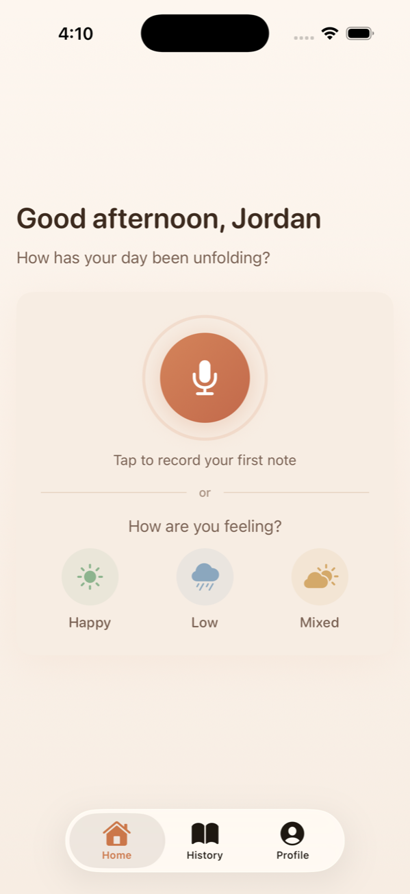 Ava home screen — tap the microphone to record a voice note, or pick a mood.